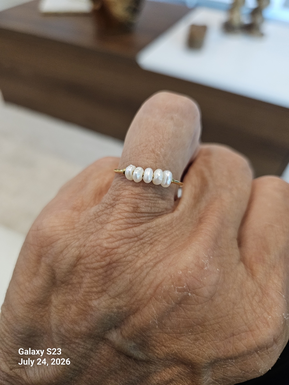 Delicate Gold Freshwater Pearl Stackable Ring - White Pearls
